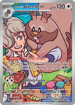 Arven's Greedent card (Destined Rivals 205) with Arven in the artwork