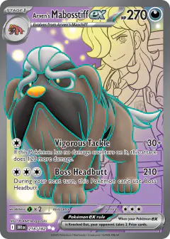 Arven's Mabosstiff ex card (Destined Rivals 218) with Arven in the artwork