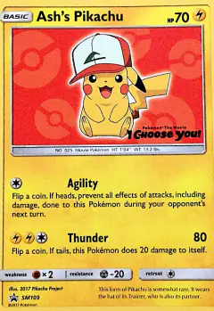 Ash's Pikachu card (Sun & Moon Black Star Promos 109) with Ash in the artwork