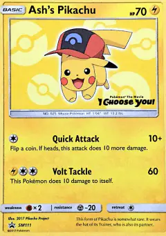 Ash's Pikachu card (Sun & Moon Black Star Promos 111) with Ash in the artwork