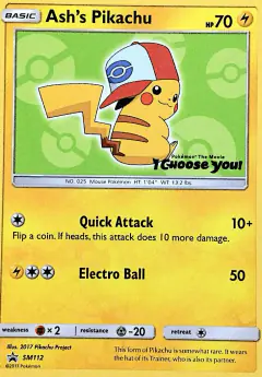 Ash's Pikachu card (Sun & Moon Black Star Promos 112) with Ash in the artwork