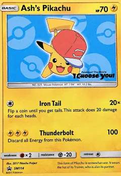 Ash's Pikachu card (Sun & Moon Black Star Promos 114) with Ash in the artwork