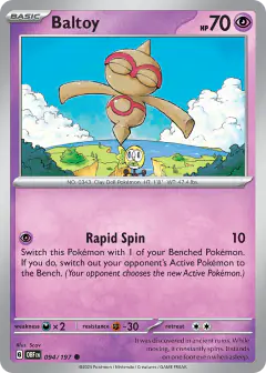 Baltoy card (Obsidian Flames 94) with Rowlet in the artwork