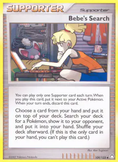 Bebe's Search card (Mysterious Treasures 109) with Glameow in the artwork