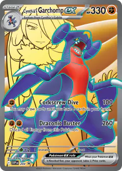 Cynthia's Garchomp ex card (Scarlet & Violet Black Star Promos 204) with Cynthia in the artwork