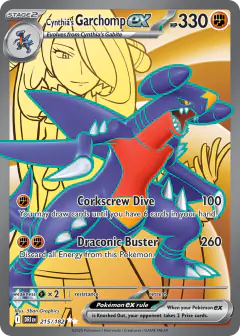 Cynthia's Garchomp ex card (Destined Rivals 215) with Cynthia in the artwork