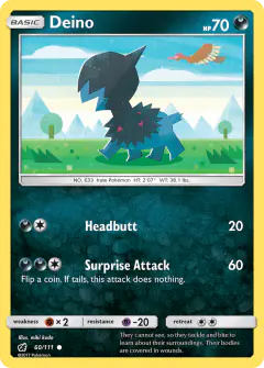 Deino card (Crimson Invasion 60) with Fearow in the artwork