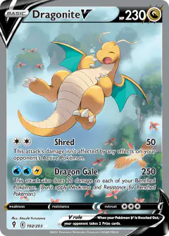 Dragonite V card (Evolving Skies 192) with Spearow in the artwork