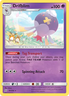 Drifblim card (Unified Minds 81) with Alolan Raichu in the artwork