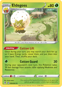 Eldegoss card (Evolving Skies 16) with Smeargle in the artwork