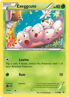 Exeggcute card (Roaring Skies 1) with Spearow in the artwork
