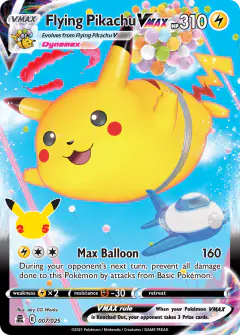 Flying Pikachu VMAX card (Celebrations 7) with Gigantamax Garbodor in the artwork