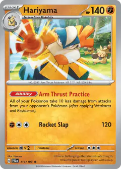 Hariyama card (Paldea Evolved 113) with Makuhita in the artwork