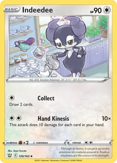 Indeedee card (Battle Styles 120) with Sinistea in the artwork
