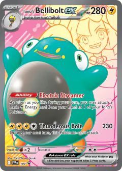Iono's Bellibolt ex card (Scarlet & Violet Black Star Promos 194) with Iono in the artwork