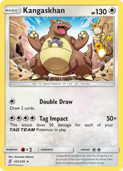 Kangaskhan card (Unified Minds 163) with Alolan Raichu in the artwork