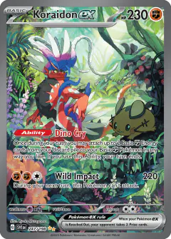 Koraidon ex card (Scarlet & Violet Base 247) with Dedenne in the artwork
