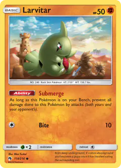 Larvitar card (Lost Thunder 114) with Tyranitar in the artwork