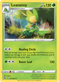 Leavanny card (Fusion Strike 11) with Sewaddle in the artwork