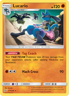 Lucario card (Unified Minds 117) with Garchomp in the artwork