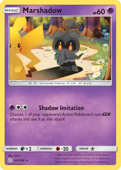 Marshadow card (Cosmic Eclipse 103) with Pikachu in the artwork