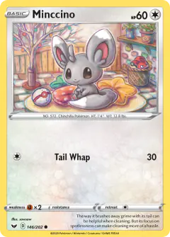 Minccino card (Sword & Shield Base 146) with Voltorb in the artwork