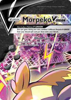 Morpeko V-UNION [top left] card (SWSH Black Star Promos 287) with Marnie in the artwork