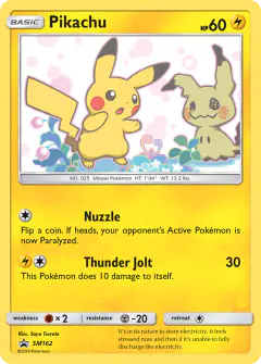 Pikachu card (Sun & Moon Black Star Promos 162) with Mimikyu in the artwork