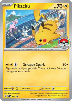 Pikachu card (Scarlet & Violet Black Star Promos 190) with Mew in the artwork