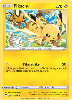 Pikachu card (Silver Tempest 49) with Dedenne in the artwork