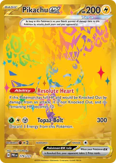 Pikachu ex card (Prismatic Evolutions 179) with Terapagos in the artwork