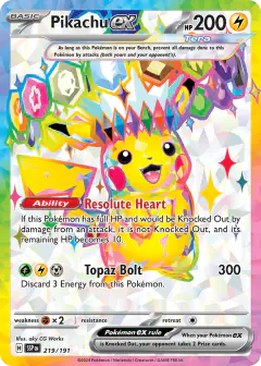 Pikachu ex card (Surging Sparks 219) with Terapagos in the artwork