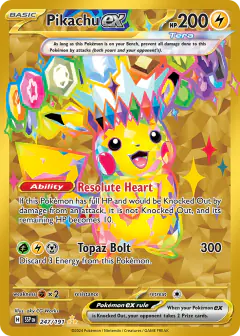 Pikachu ex card (Surging Sparks 247) with Terapagos in the artwork