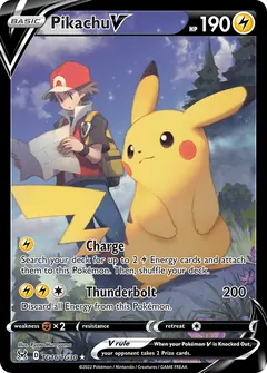 Pikachu V card (Lost Origin Trainer Gallery TG16) with Red in the artwork
