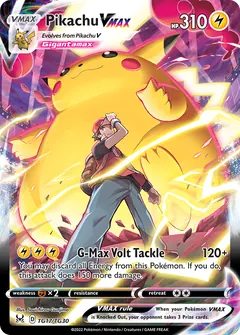 Pikachu VMAX card (Lost Origin Trainer Gallery TG17) with Red in the artwork