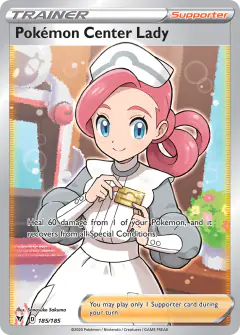 Pokémon Center Lady card (Vivid Voltage 185) with Rotomi in the artwork