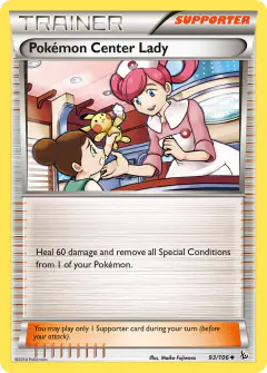 Pokémon Center Lady card (Flashfire 93) with Pikachu in the artwork