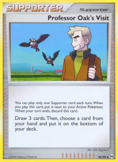 Professor Oak's Visit card (Arceus 90) with Starly in the artwork