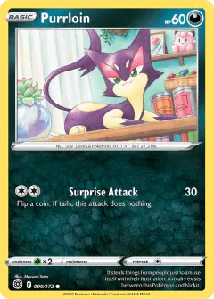 Purrloin card (Brilliant Stars 90) with Clefairy in the artwork
