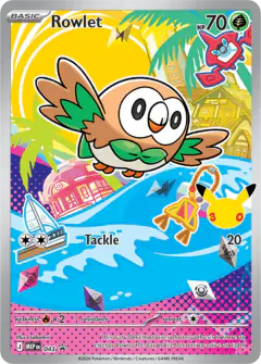 Rowlet card (Mega Evolution Black Star Promos 43) with Rotom Dex in the artwork