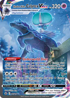 Shadow Rider Calyrex VMAX card (Chilling Reign 205) with Emolga in the artwork