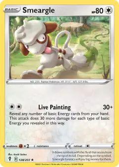 Smeargle card (Evolving Skies 128) with Meowth in the artwork
