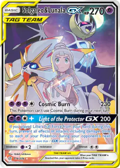 Solgaleo & Lunala-GX card (Cosmic Eclipse 216) with Lillie in the artwork