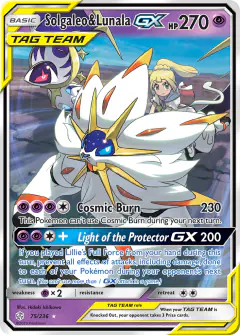 Solgaleo & Lunala-GX card (Cosmic Eclipse 75) with Lillie in the artwork