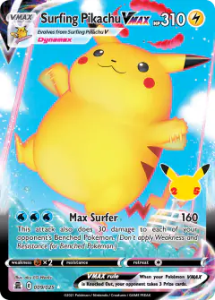 Surfing Pikachu VMAX card (Celebrations 9) with Gigantamax Garbodor in the artwork