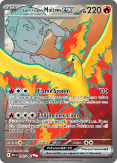 Team Rocket's Moltres ex card (Destined Rivals 208) with Archer in the artwork