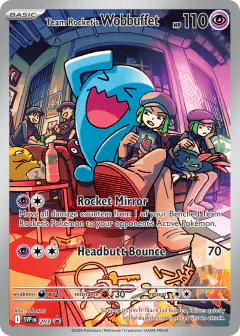 Team Rocket's Wobbuffet card (Scarlet & Violet Black Star Promos 203) with Charizard in the artwork