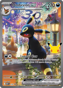 Umbreon ex card (Mega Evolution Black Star Promos 110) with Murkrow in the artwork