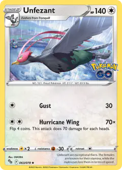 Unfezant card (Pokémon GO 63) with Marshtomp in the artwork