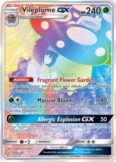 Vileplume-GX card (Cosmic Eclipse 250) with Erika in the artwork